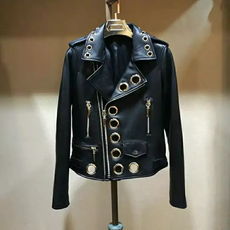 YTNMYOP Punk Style Jackets Leather Clothes Girls Hollow Out Coat Hotsweet High Street Fashion Metal Hoop Ring Jacket Trend