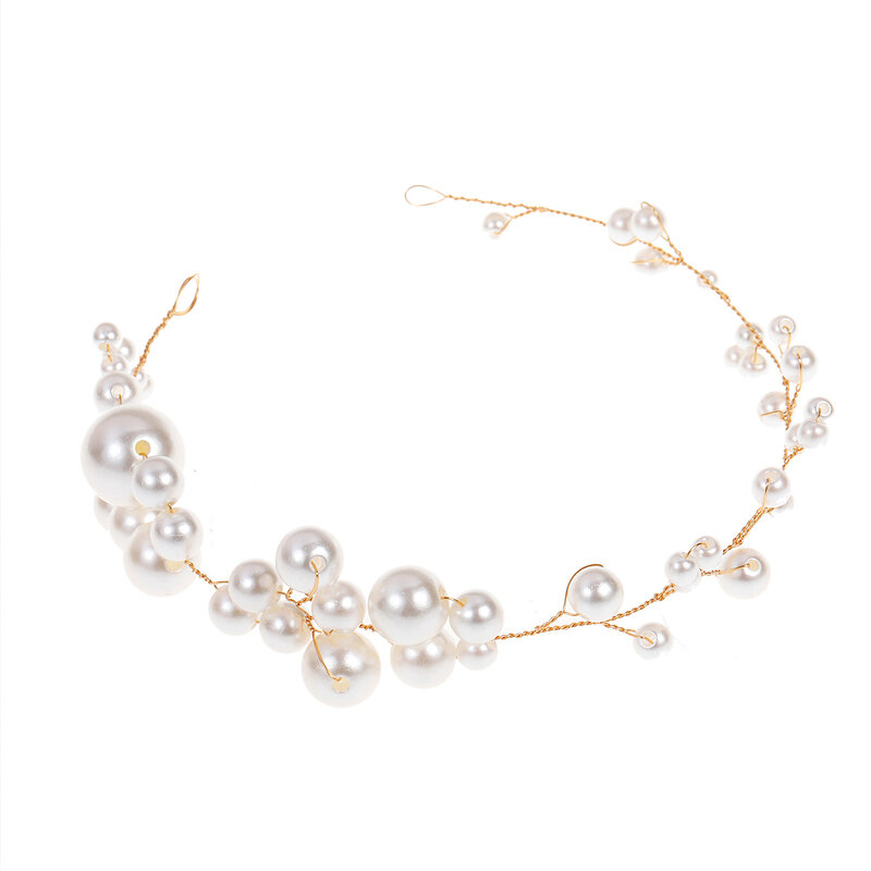 Bridal Handmade White Headband Banquet Pearls Headdress Simple Chain Hair Vine for Bridesmaid Wedding Party Balls