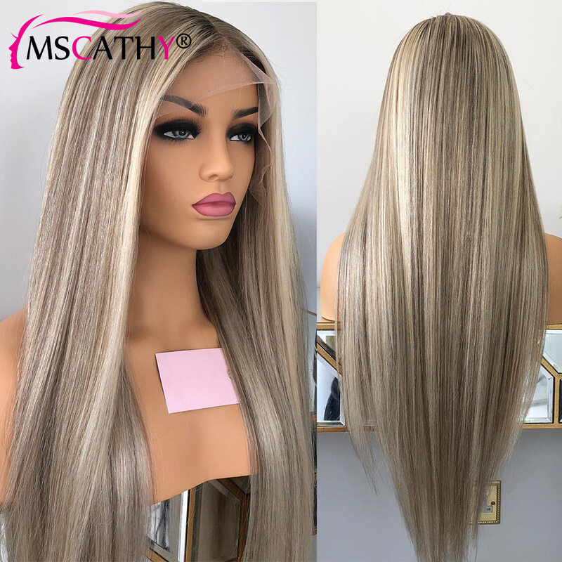Ash Blonde Colorido Lace Frontal Wig para Mulheres, Preplucked, Straight Highlight, Cabelo Humano, HD Transparente, 13x6
