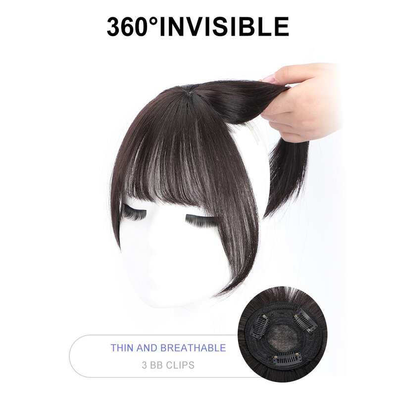 Presilha de cabelo sintética com cobertura para mulheres, bangs curvas, capa 360 °, bangs pretas, postiços para o dia a dia