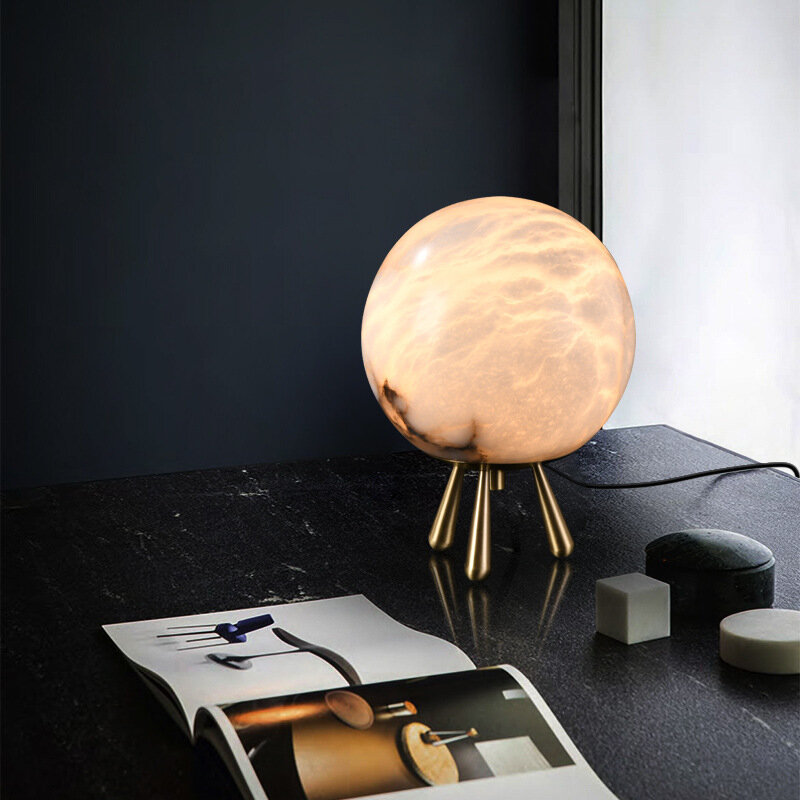 Marble Brass Round Table Lamp Retro Simple Home Decor Bedroom Bedside Living Room Hotel Copper Office Workbench Globe Desk Light