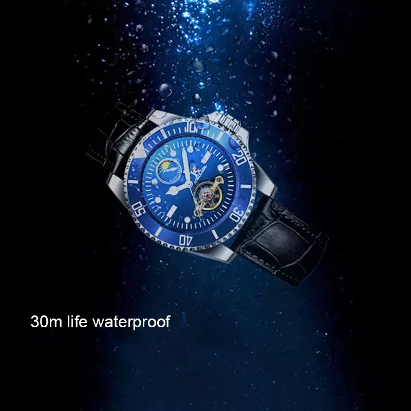 AOKULASIC Male Luxury Mechanical Sports Watches Automatic Watch Wrist Mens Clock Luminous Waterproof Leather Band Business Watch