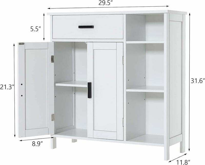 Floor Storage Cabinet com Portas e Prateleiras, Autoportante Coffee Bar Cabinet com gaveta, Banheiro Organizer