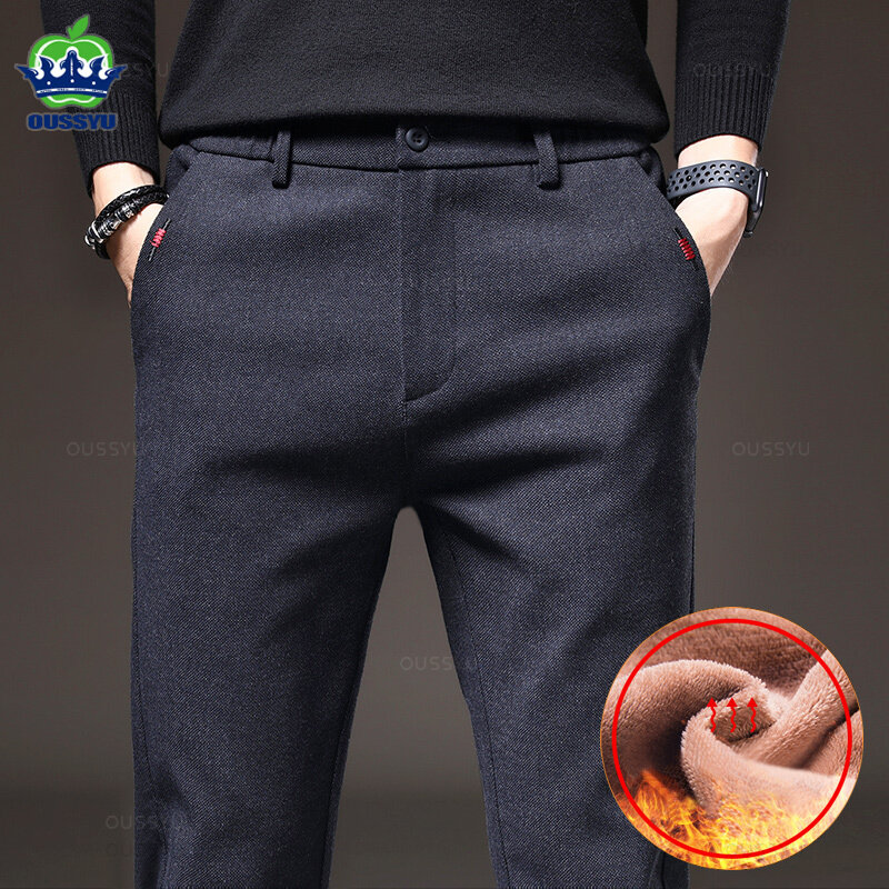 Winter Fleece Warm Men's Brushed Fabric Casual Pants Business Fashion Slim Fit Stretch Thick Velvet Cotton Trousers Male 28-38