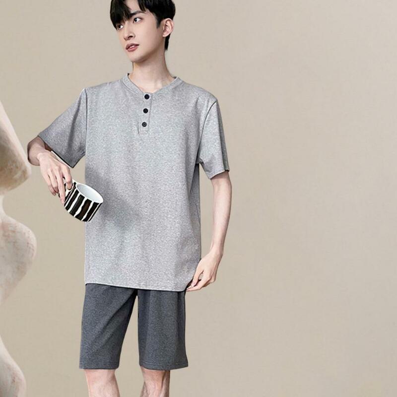 Conjunto de pijama solto masculino, espreguiçadeira com o pescoço, camiseta de manga curta, calção de perna larga, cintura elástica, verão