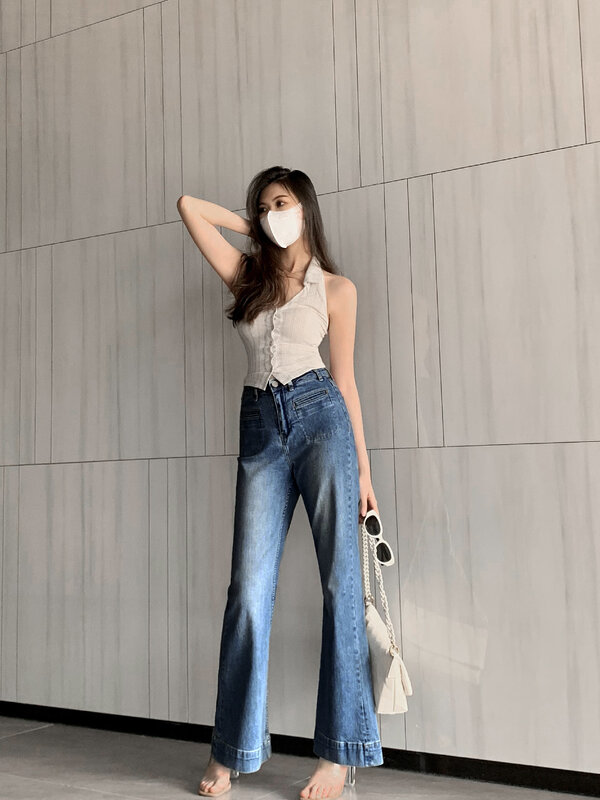 مودرن & بنطال جينز كلاسيكي مع بنطلون عالي الخصر ، بنطلون غير رسمي ، ملابس تقنية ، قمم Y2K ، ميكروسيس