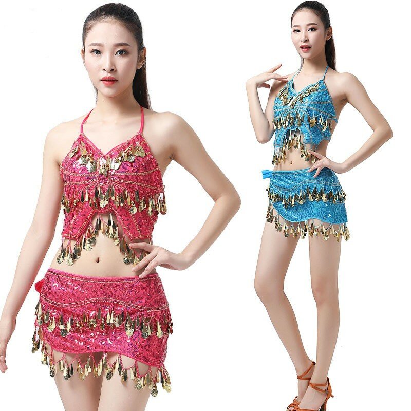 Costume da danza del ventre in due pezzi da donna con paillettes nappa moneta top corto con nappa sciarpa all'anca set di danza del ventre indiano latino