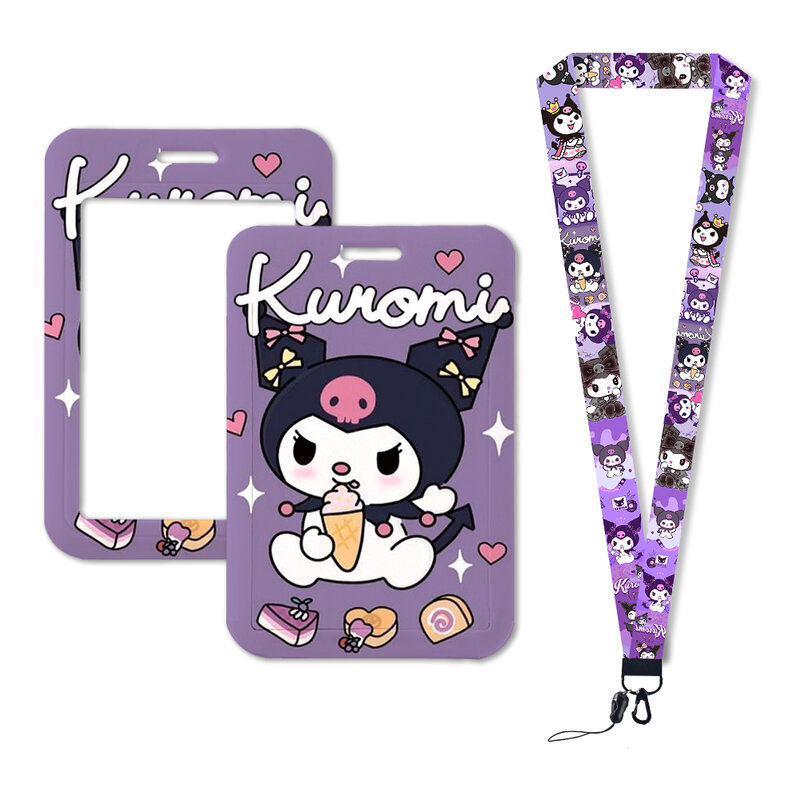 W Sanrio Kuromi Work Card Holder Work Permit Name Badge with Keychains Student Id Card Pack Lanyard Cover Card Storage Case