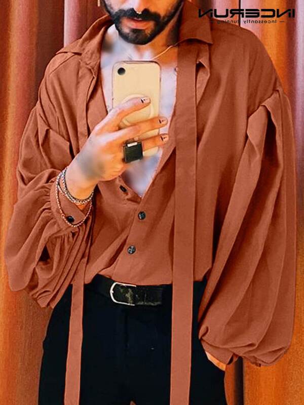 Модная мужская рубашка сплошного цвета с отложным воротником и длинными рукавами-фонариками и галстуком, Мужская Уличная одежда 2023, Свободные повседневные рубашки, женская рубашка