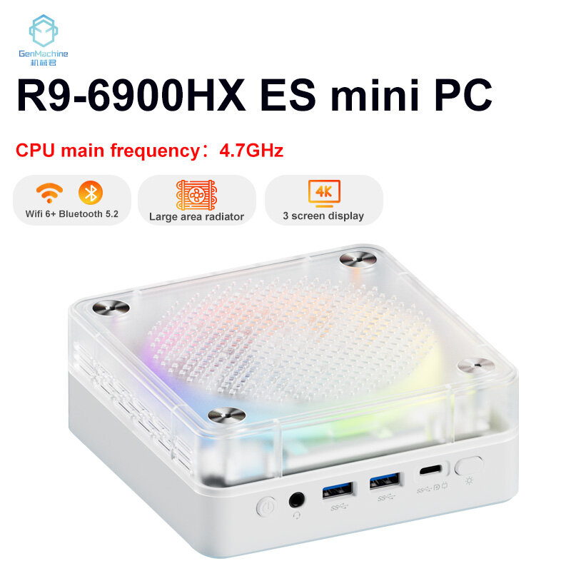 R9 6900HX ES Mini PC, Windows 11, Wi-Fi 6, PC para jogos, 8 núcleos, 16threads, CPU, Super DDR5, 4800MHz Ram Display Computador, Gengmachine, Novo