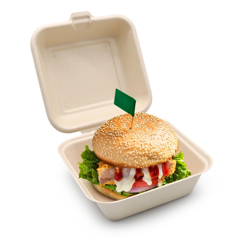 Индивидуальный продукт 6x6 8x8 дюймов, биоразлагаемый одноразовый контейнер для еды с сахарным тростником, бумажный контейнер для гамбургеров на вынос