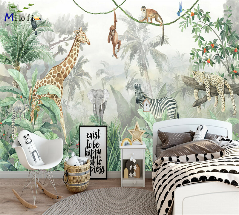 Пользовательские акварельные 3D-обои Milofi для детской комнаты в джунглях, настенная роспись для детской комнаты, 3d наклейки с животными, обои в стиле арт-деко