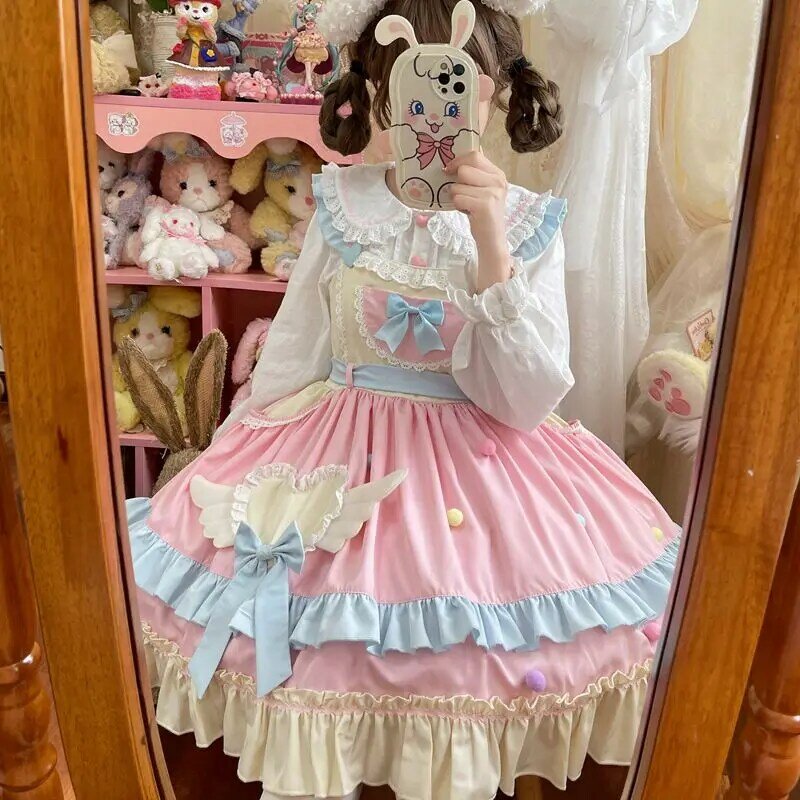 Rüschen kawaii lolita cosplay weiches schwester kleid süßes bogen knoten rosa blau ärmelloses jsk kleid party bogen prinzessin kleid