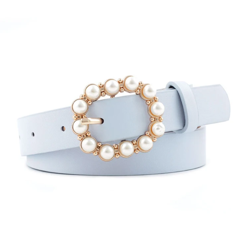 Pu Leder Damen dünne Jeans Kleid Gürtel modische Perle dekorative Gürtel runde Nadel Schnalle Perlen gürtel für Frauen lässig