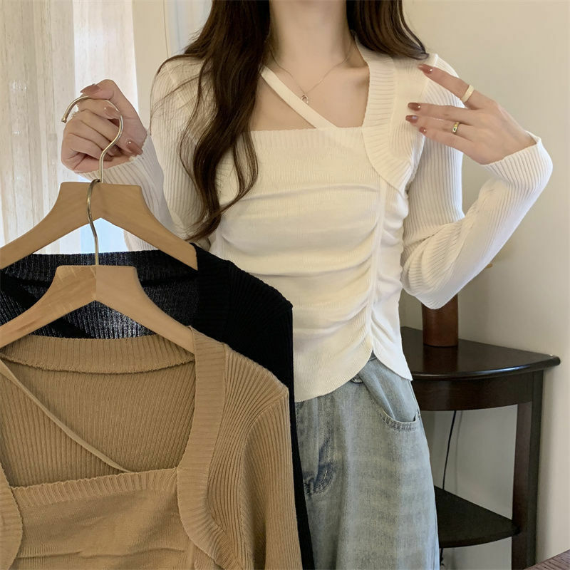 Lässige Frauen Pullover quadratischen Kragen Top Rüschen Pullover schicke Streetwear T-Shirts Damen Langarm exquisite koreanische Basic T-Shirt