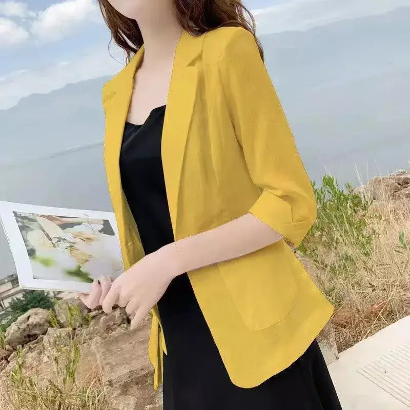 Ice Silk Cotton Small Suit Woman 2023 Spring Autumn Blazer New Slim-fit Day Solid Casual All-match Small Suit Large Size Coat