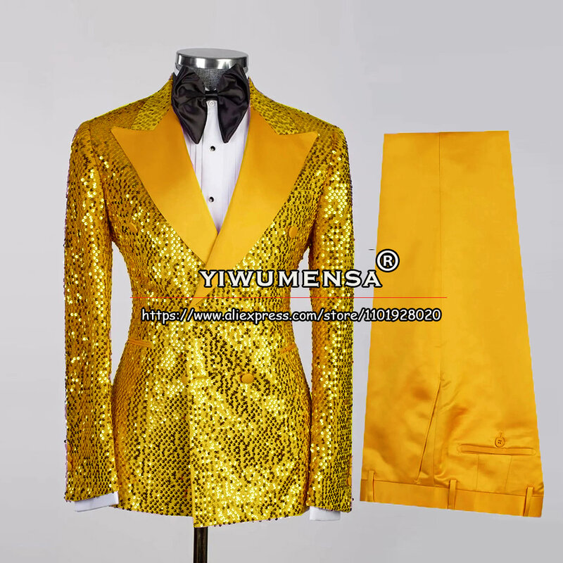 Męskie złote garnitury ślubne męskie formalne Party luksusowe świecący cekinami Blazer dwurzędowa kurtka spodnie 2 sztuk Groomsman odzież
