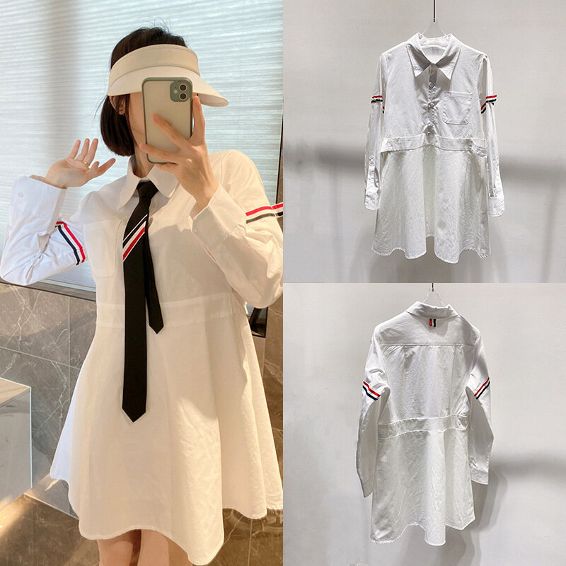 Moda coreana feminina TB saia curta listrada, camisa branca, redução de idade, cintura fina, vestido Aline, estrangeiro, de alta qualidade, primavera