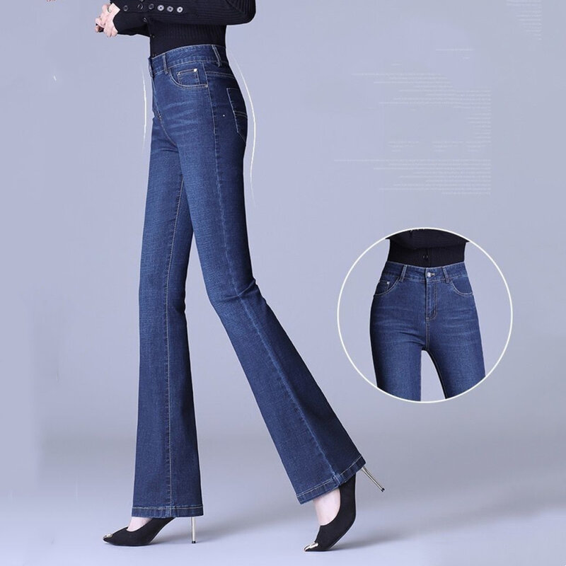 Stretch Büro Hohe Taille Schlank Flare Jeans Klassische Frauen Gerade Denim Hosen Vintage Hosen Dünne Vaquero Koreanische Pantalones