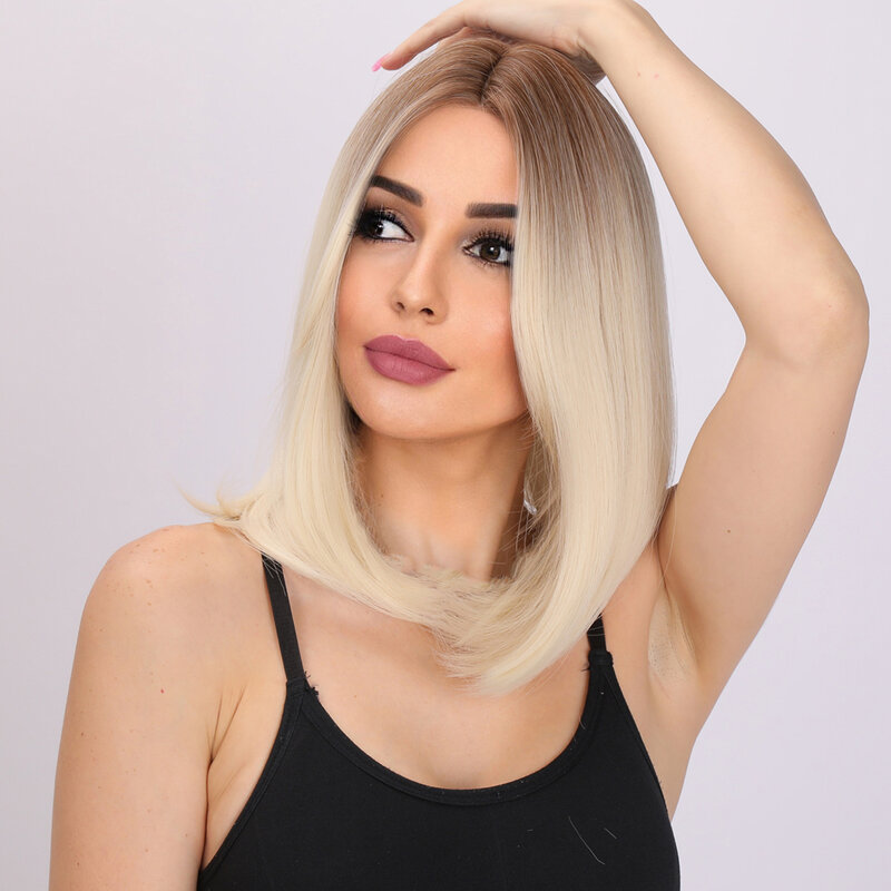 18 Inch Short Synthetic Blonde Gradient Straight Hair For Women Daily Cosplay Wig Party Heat Resistant Fake Hair