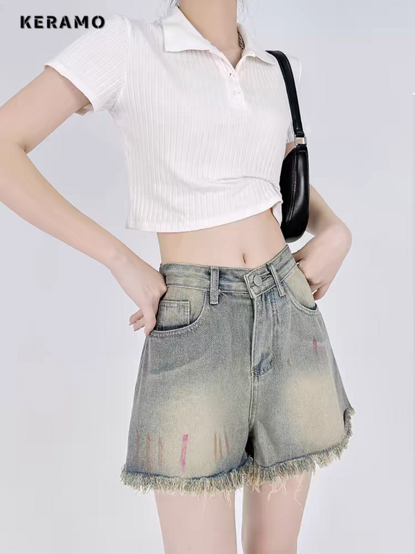 Pantalones cortos de mezclilla para mujer, Shorts de cintura alta Harajuku Hotsweet de los años 2000, informales, sexys, ajustados, con borlas estampadas, Y2K