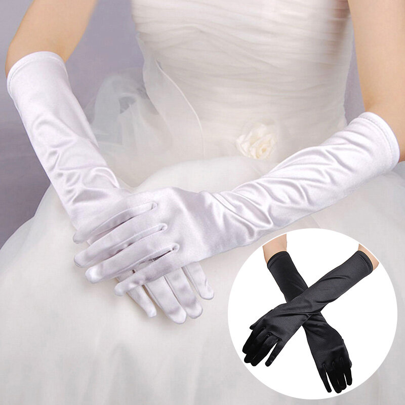 1 pasang sarung tangan Satin warna-warni aksesoris pernikahan pengantin wanita ungu panjang hitam gading gaun kontes