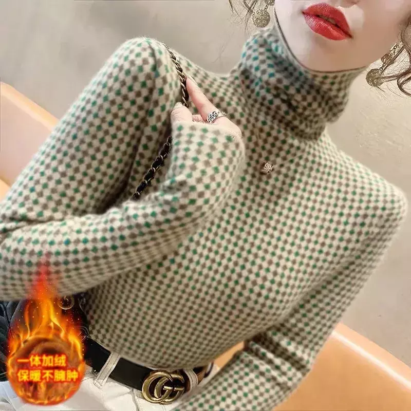 Pulôver de manga comprida com gola alta feminino, suéter slim fit, tops de malha, painel xadrez, casual versátil, elegante moda outono e inverno