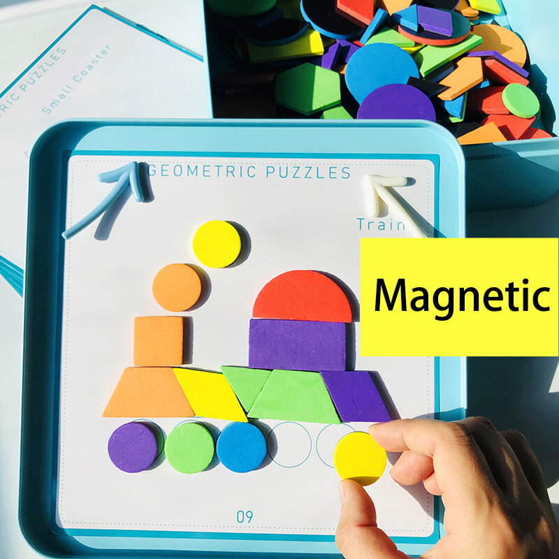 144Pcs Magnetic Puzzle Toys Kids Board Game 3D Puzzle Baby Montessori Educational Toy for Children Geometric Shape with Iron Box