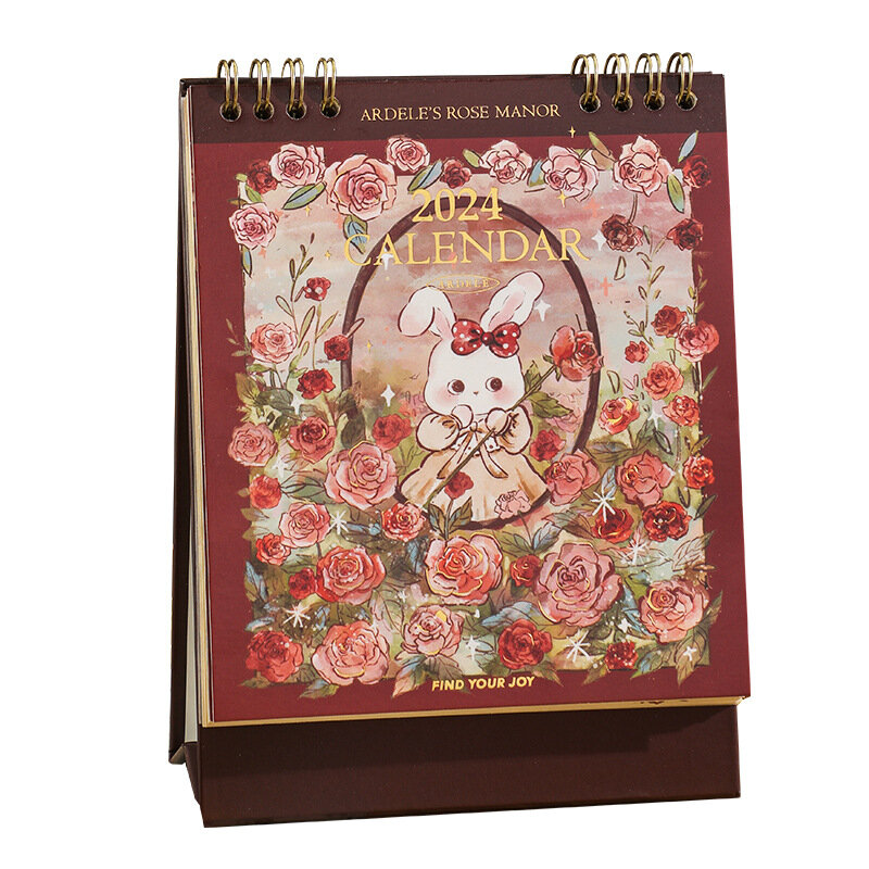 Cartoon Rabbit and Rose Desk Calendars Calendar, Est Rose Calendar, 2024 Year Planner, Monthly Daily Schedule Planner, New