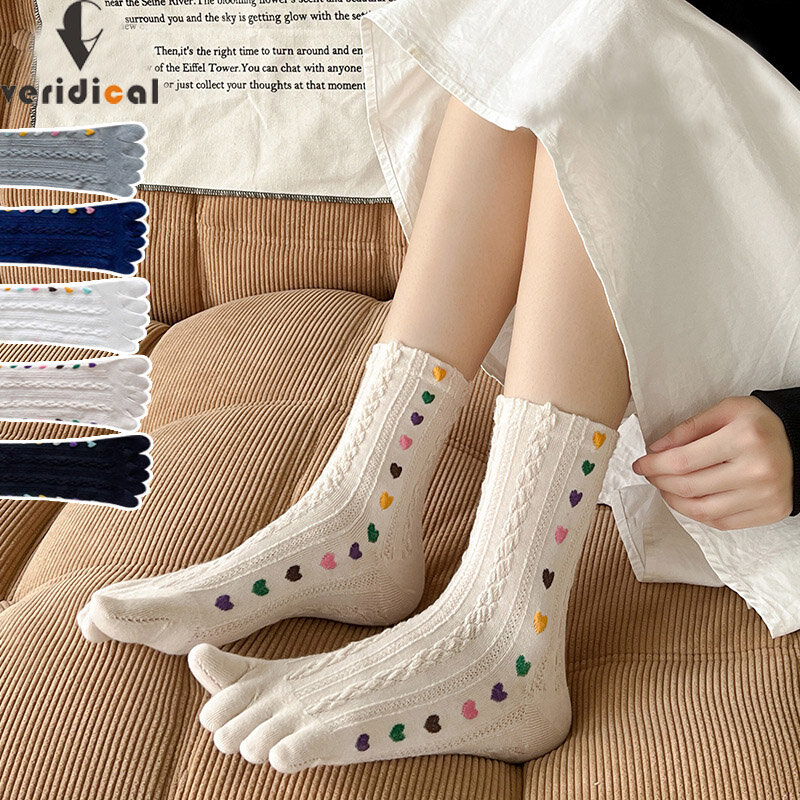 Calcetines de algodón de 5 dedos para mujer y niña, medias de Jacquard 3D, Vintage, lindo amor, colorido, suave, elástico, absorbe el sudor, feliz, 4 estaciones