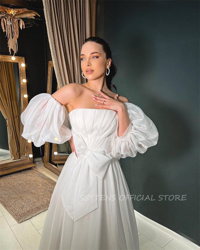 Elegant Ivory Wedding Dresses A-line Strapless Bride Gowns Bow Vestidos De Novia Detachable Short Sleeves Long Bridal Dress