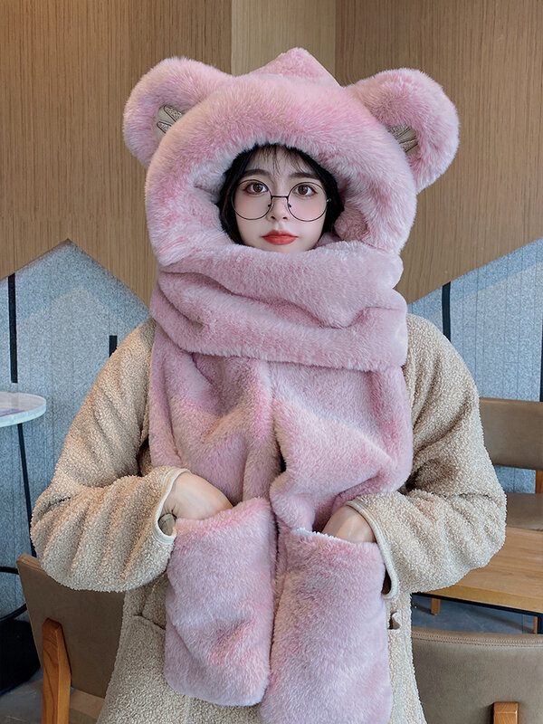 Écharpe à capuche conique en forme d'ours de dessin animé avec oreilles pour femme, gants en peluche, épais, chaud, mignon, style adulte, automne, hiver, 3 pièces