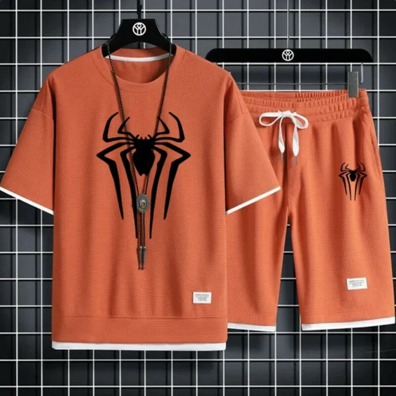 Футболка и шорты с принтом пауков мужские, повседневный комплект из двух предметов, вафельная спортивная одежда, лето 2024