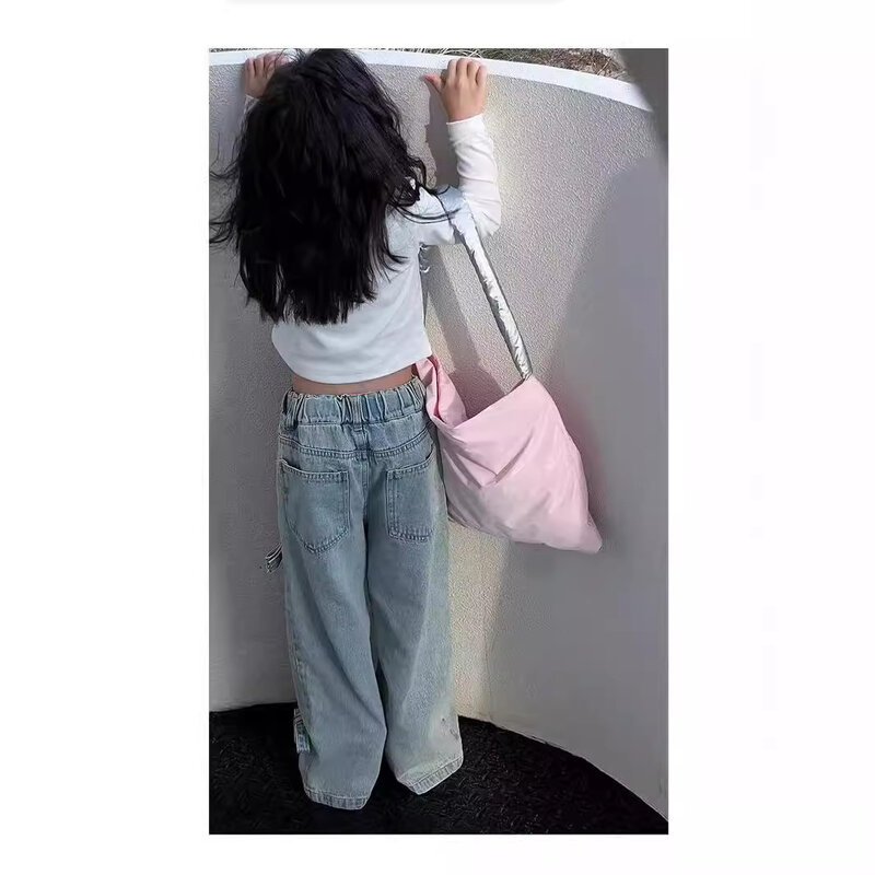 子供用のワイドデニムパンツ,女の子用の新しい衣服,韓国のファッション,春,2024