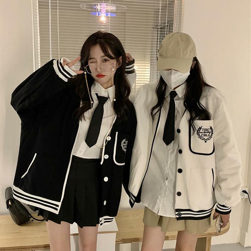 Baseball Jacket  Single Breasted   Women Coat Women Loose Fit Casual Stitching Color Outwear