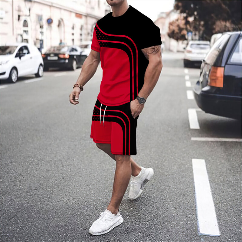 Herren 3d Brief Linie Spleißen im Freien Urlaub lässig Street Wear Rundhals ausschnitt Kurzarm T-Shirt Shorts Sport Set von 2 Stück