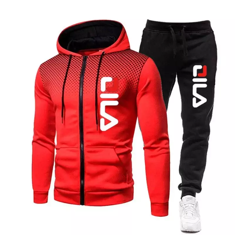 Conjunto esportivo de duas peças masculino, jaqueta e calça quentes, casaco com zíper, capuz ao ar livre, conjunto esportivo para jogging