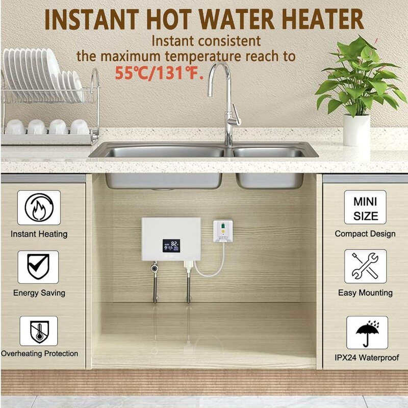 Mini Electric Tankless Water Heater 3000W 110V Constant Temperature  Hot Water Heater with Remote Control Digital