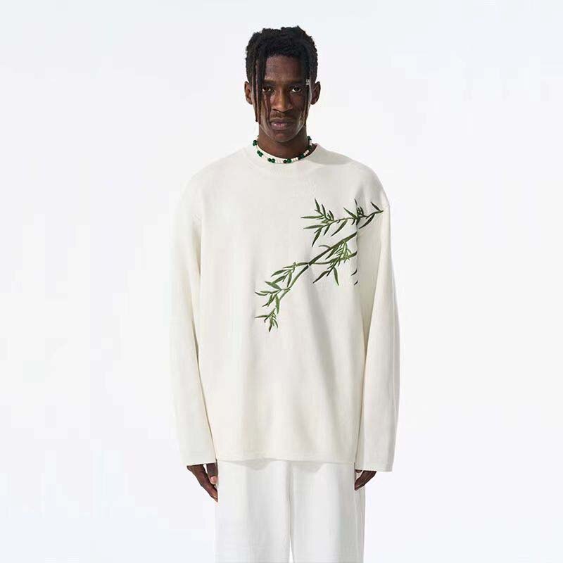 Suéter térmico de estilo chino para hombre, Jersey de punto suelto de lana bordada de bambú verde, cuello redondo, primavera y otoño, 2023