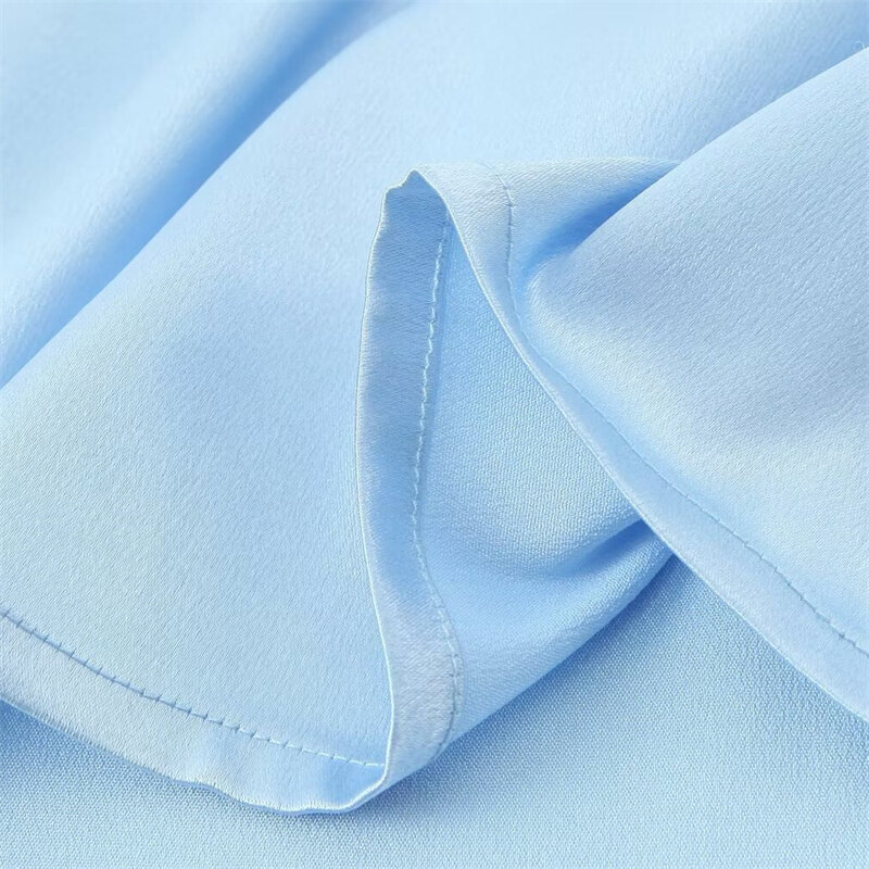 Keyanketian-Camisa de cetim feminina com manga folhada, blusa com renda, decoração do laço, design chique, blusa reta, azul céu, doce, novo lançamento, 2022