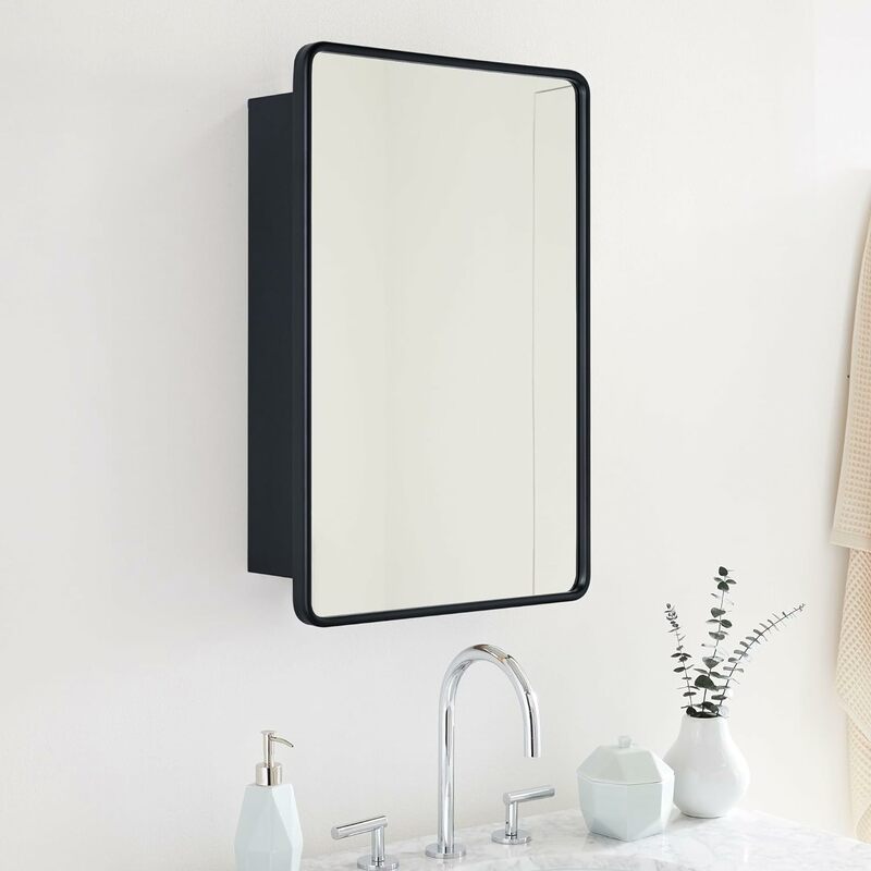 TEHOME Surface Mount 20x30'' Black Bathroom Medicine Cabinet with Mirror Matt Black Metal Framed Rounded Rectangle Medicine C