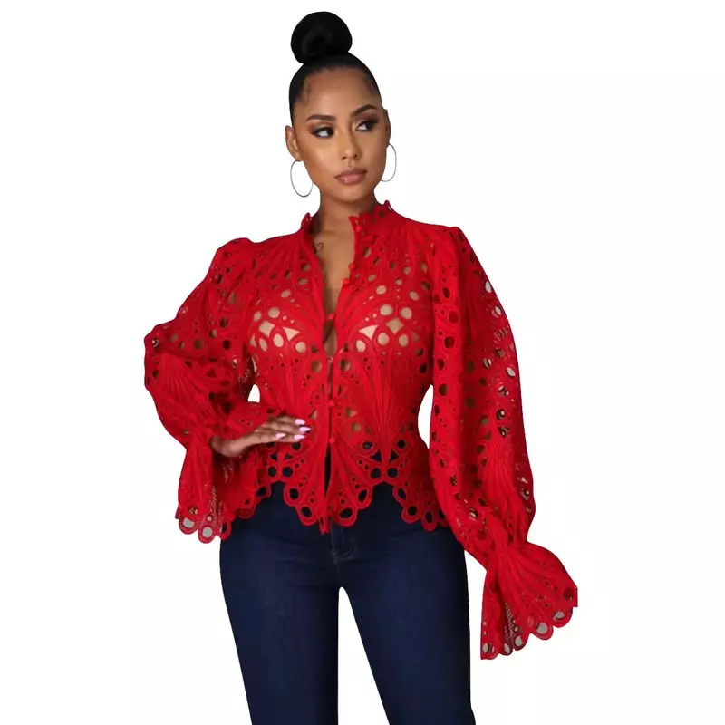 New Elegant Long Sleeve Hollow Out Mesh Lace Shirt Sheer See Through Top Blouse Clothing Dashiki African Shirts For Women