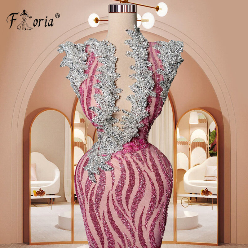 Luxury Dubai Mermaid Pink Wedding Evening Dresses Floral Crystal Event Gowns Turkish Woman Celebrity Dress Party Robe De Soiree