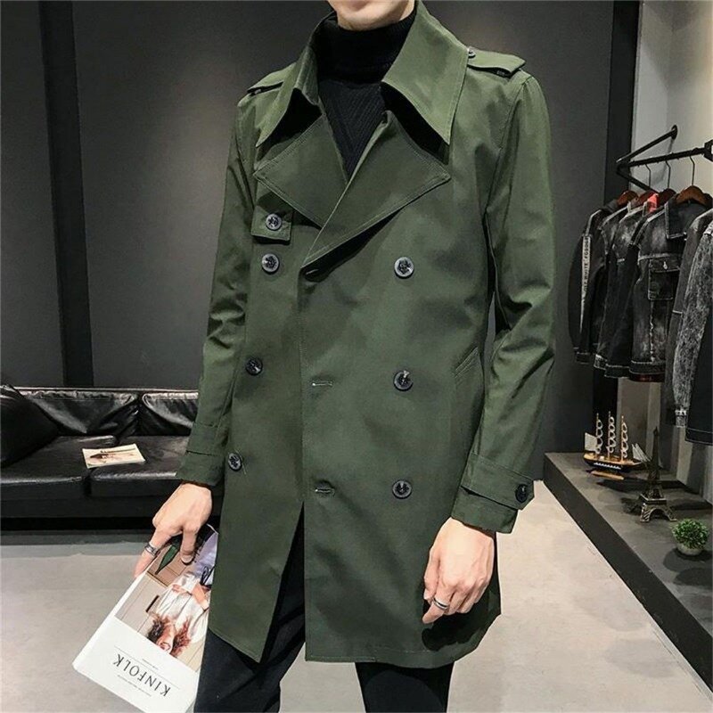 Mantel panjang pria, mantel Trench gaya Korea Slim-Fit pakaian luar trendi kasual kerah Polo warna Solid kancing dua baris 2024