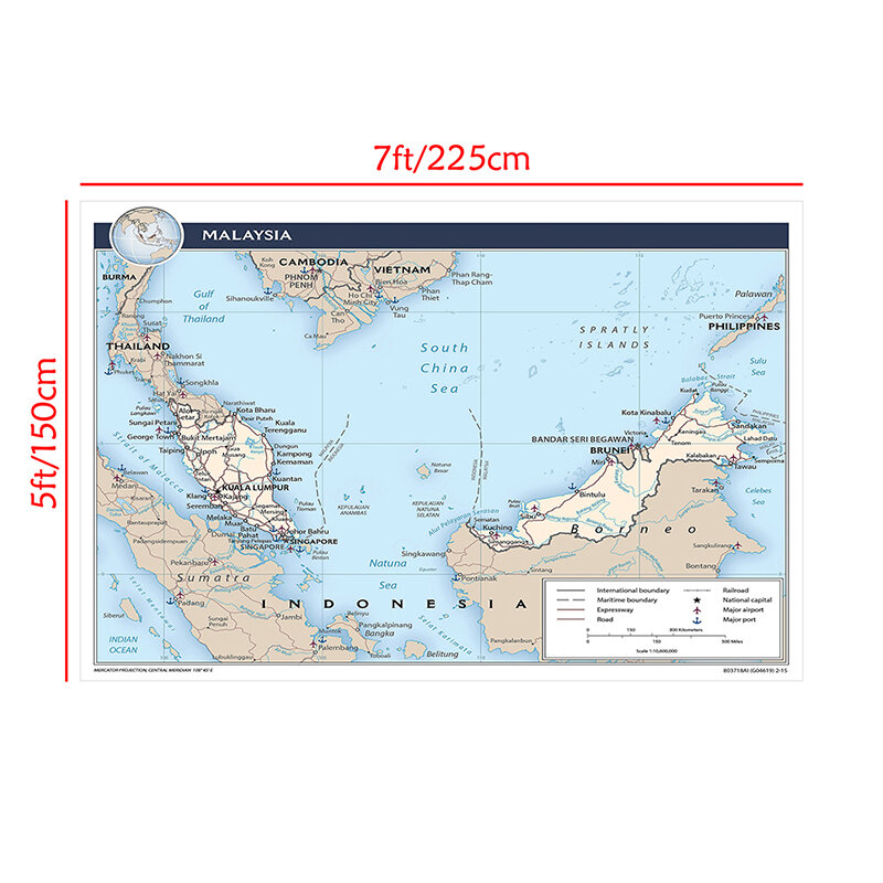225*150Cm Peta Administrasi Malaysia Dalam Bahasa Inggris Kanvas Non-woven Lukisan Dinding Tanpa Bingkai Poster dan Cetak Dekorasi Rumah