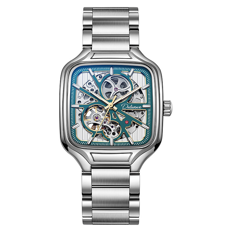 Reloj de esqueleto de acero inoxidable para hombre, cronógrafo mecánico automático, luminoso, esfera cuadrada, de alta calidad, a la moda