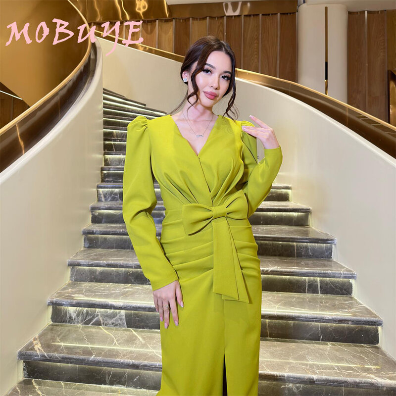 MOBUYE 2024 Popular V Neck Prom Dress Split Ankle-Length With Long SLeeves Evening Fashion Elegant Party Dress For Women