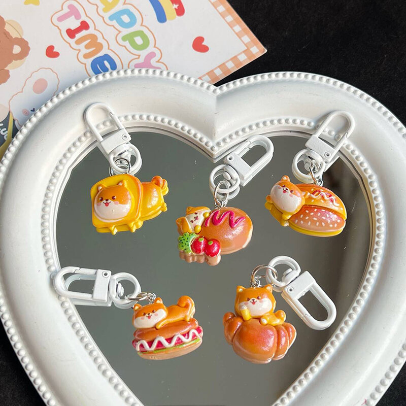 1 buah gantungan kunci anjing roti kartun lucu Kawaii kreatif gantungan kunci anjing populer tas cantik liontin ransel hadiah dekorasi