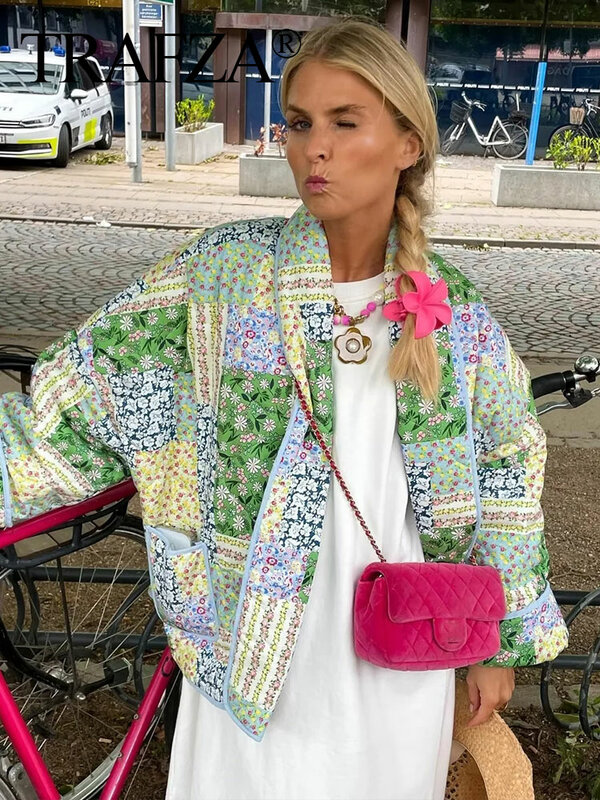 Kurtka TRAFZA damska jesienny kwiatowy nadruk pikowany dwustronny bawełniany kardigan kurtki z długim rękawem elegancka kobieta Streetwear