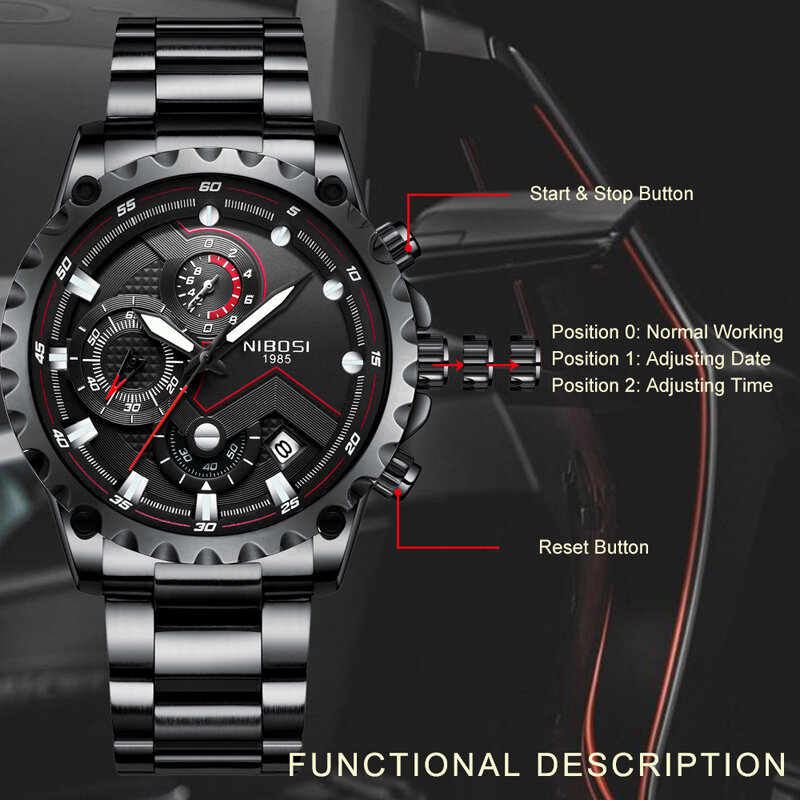 Nibosi-メンズスポーツ腕時計,クォーツ,ステンレス鋼,防水,高級,クロノグラフ,トップブランド